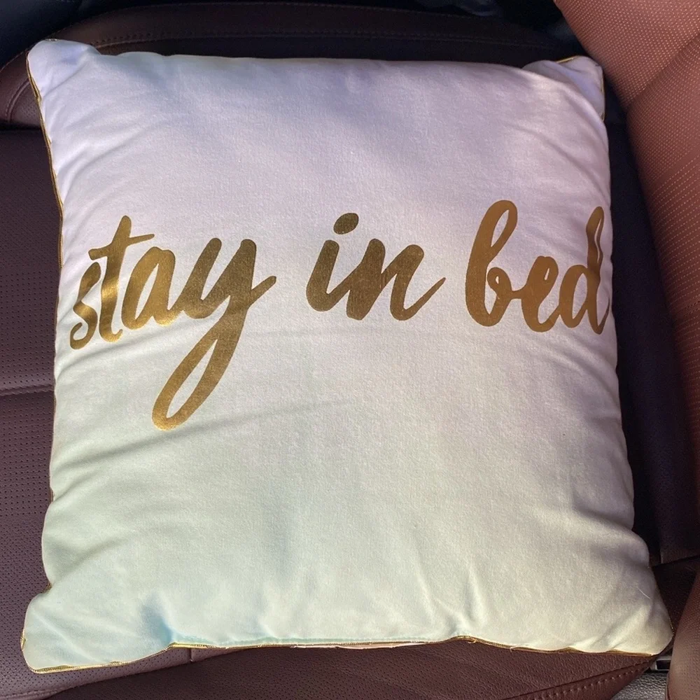 Stay in Bed ombré fade‎ white to sea green square accent pillow with gold trim